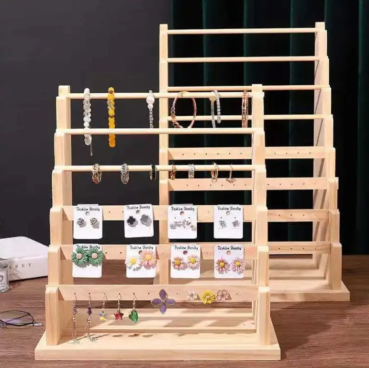 Multifunction Solid Wood Jewelry Display Rack for Earrings Ring Necklace Bracelet Card Storage Arrangement Props