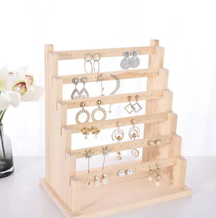 Multifunction Solid Wood Jewelry Display Rack for Earrings Ring Necklace Bracelet Card Storage Arrangement Props