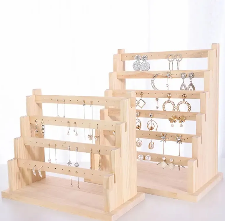 Multifunction Solid Wood Jewelry Display Rack for Earrings Ring Necklace Bracelet Card Storage Arrangement Props