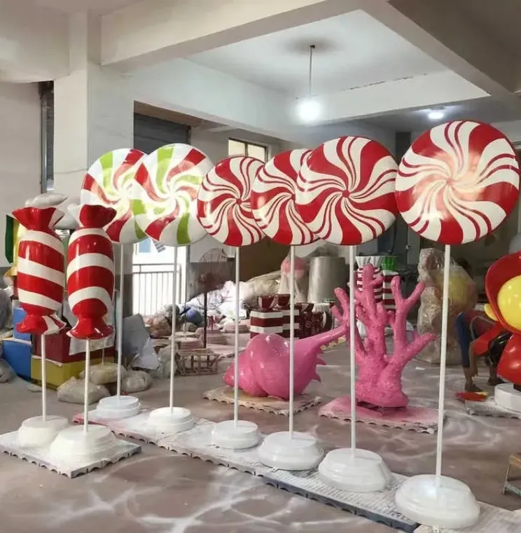 Colorful Life-Size Fiberglass Lollipop Donut Candy Art Sculpture Resin Christmas Garden Display Decoration