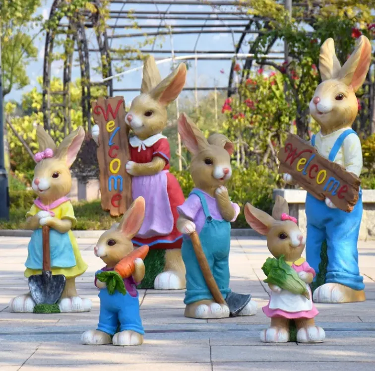 Outdoor Garden Landscape Decor Easter Cute Rabbit Model Cartoon Animal Sculpture Kindergarten Decoration Resin Rabbit Statue