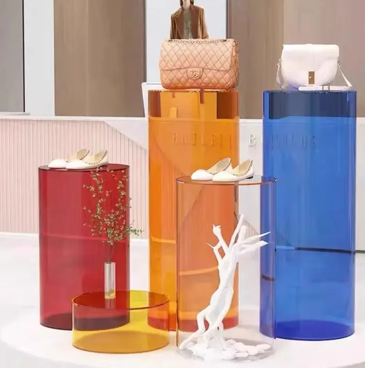 Transparent Acrylic Cylindrical Display Rack with Circular Base for Exhibition Hall and Art Show Product Floor Display Stand