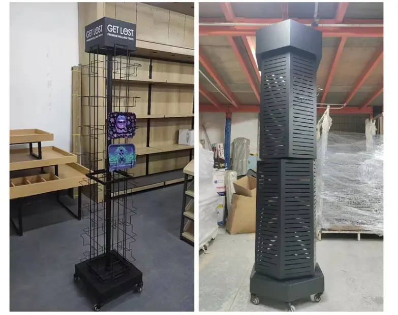 Customized Light-Duty Iron Retail Store Advertising Banner Display Stand Rack Multi-sided Rotating Shelf Shop Use Metallic