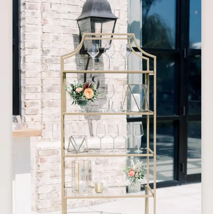 Modern Decorations 5 Tier Store Wine Storage Gold Frame Display Cabinet Wedding Stainless Steel Metal Display Stand Shelf
